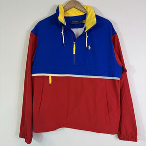 POLO RALPH LAUREN Hooded Pullover 1/2 Zip Packable Jacket Red Blue Colorblock M